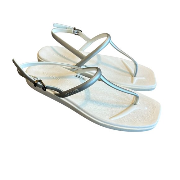 Crocs Miami White Sandals Silver Straps Flip Flop Thongs w/ Buckle Size 9 Womens - Picture 5 of 9